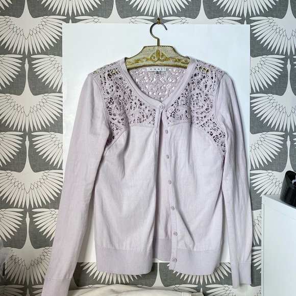 CAbi 184 S Lilac Lace Yoke Cotton Blend Cardigan Sweater - Picture 4 of 5
